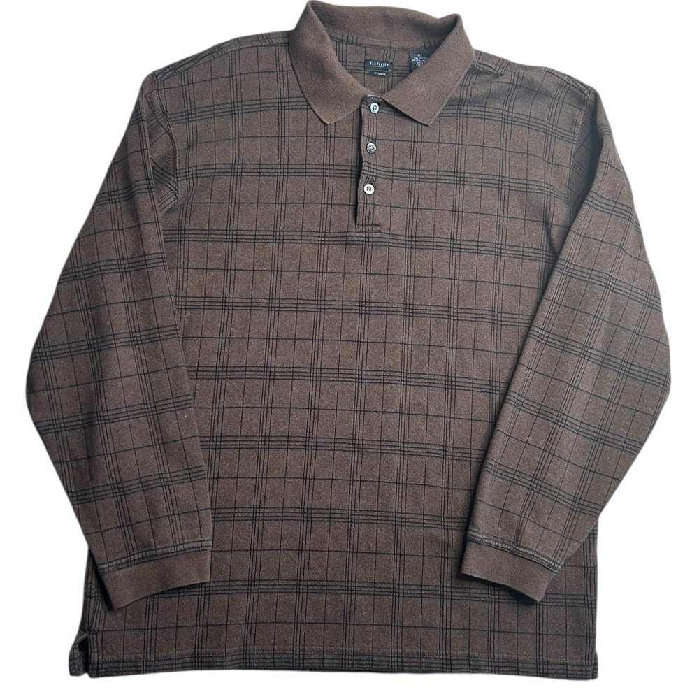 Van Heusen Studio Long Sleeve Polo Shirt Brown Plaid XLT Big & Tall Classic Fit